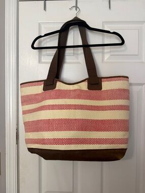 thirty-one Red & Cream Striped Tote with Brown Trim